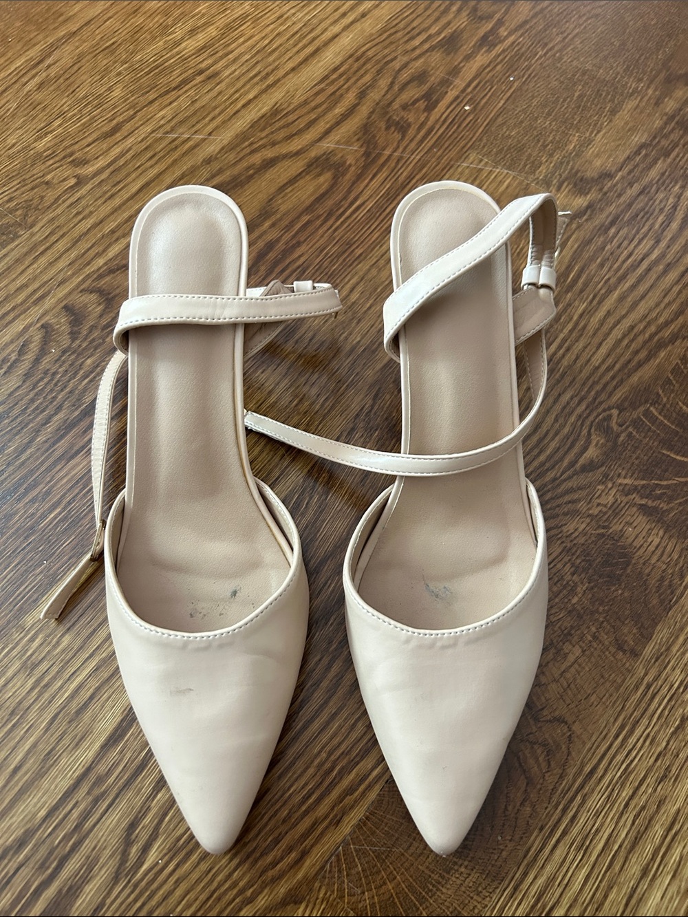 Amazon Women's Pointed Toe Ankle Strap Heels in Cream